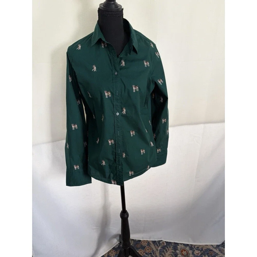 J.CREW Re-Imagined Green Dog Animal Print Button-Up Long Sleeve Shirt M